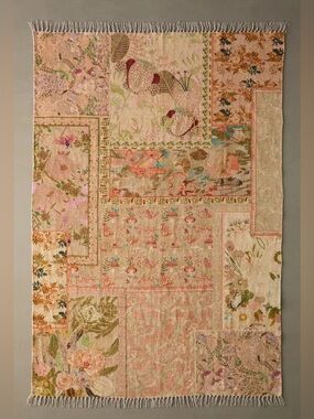 Urban Outfitters Colorful Floral Digital Printed Fringe Chenille Rug in Peach